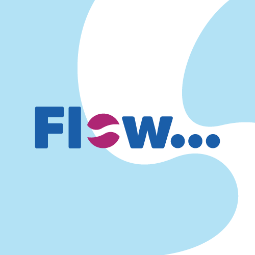 Flow logo on a blue and white 'wave' background