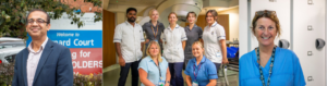 a doctor pictured in front of a hospital sign, a group of nurses and a woman in scrubs