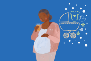 Graphic of pregnant woman of colour drinking fruit juice while holding her stomach