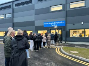 Queues form outside the Learning and Innovation Centre for the apprenticeship drop-in event