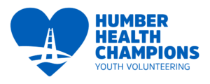 A blue heart image containing a white representation of the Humber bridge, accompanied by the words Humber Health Champions - youth volunteering
